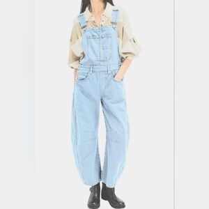 Chouyatou Women Y2k Baggy Barrel Jeans Overalls Wide Leg Denim Pants Bib Overall